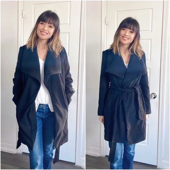 013 Classic Black Wide Collar belted Trench Coat Jacket - Picture 1 of 4